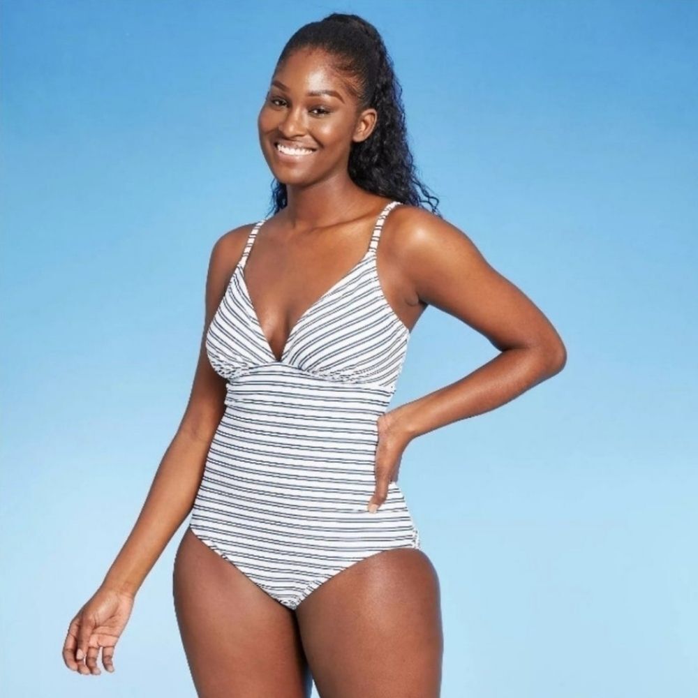 KONA SOL Triangle High Coverage One Piece Striped Swimsuit Medium